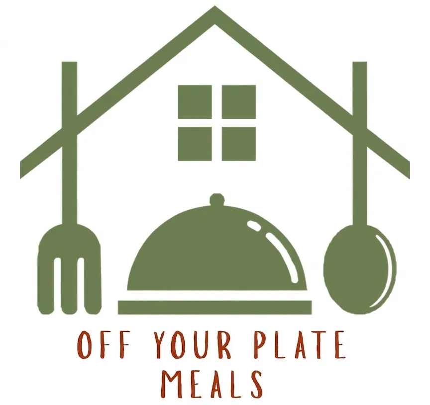 Logo for Off Your Plate Meals featuring a house outline containing a cloche, a fork, and a spoon.
