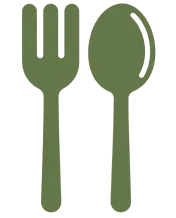Green silhouette of a fork and spoon side by side on a light background.