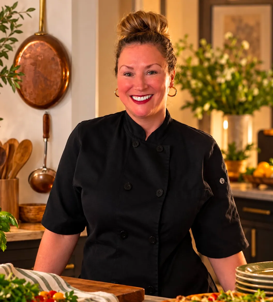 why-choose-2 Smiling chef in a black coat stands in a warm, cozy kitchen with fresh ingredients on the counter.